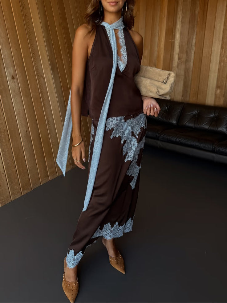 Elegant Brown Satin Maxi Dress for Women with Halter Neck Lace Trim Flowing Style