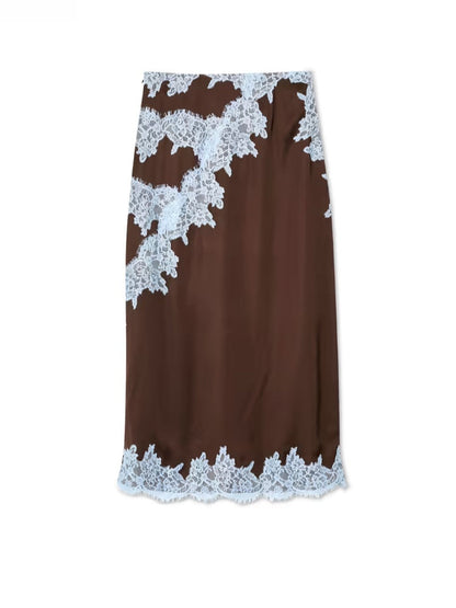Elegant Brown Satin Maxi Dress for Women with Halter Neck Lace Trim Flowing Style