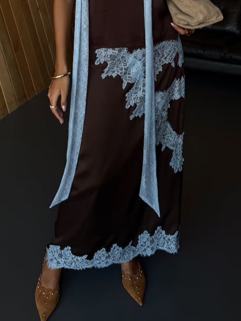 Elegant Brown Satin Maxi Dress for Women with Halter Neck Lace Trim Flowing Style