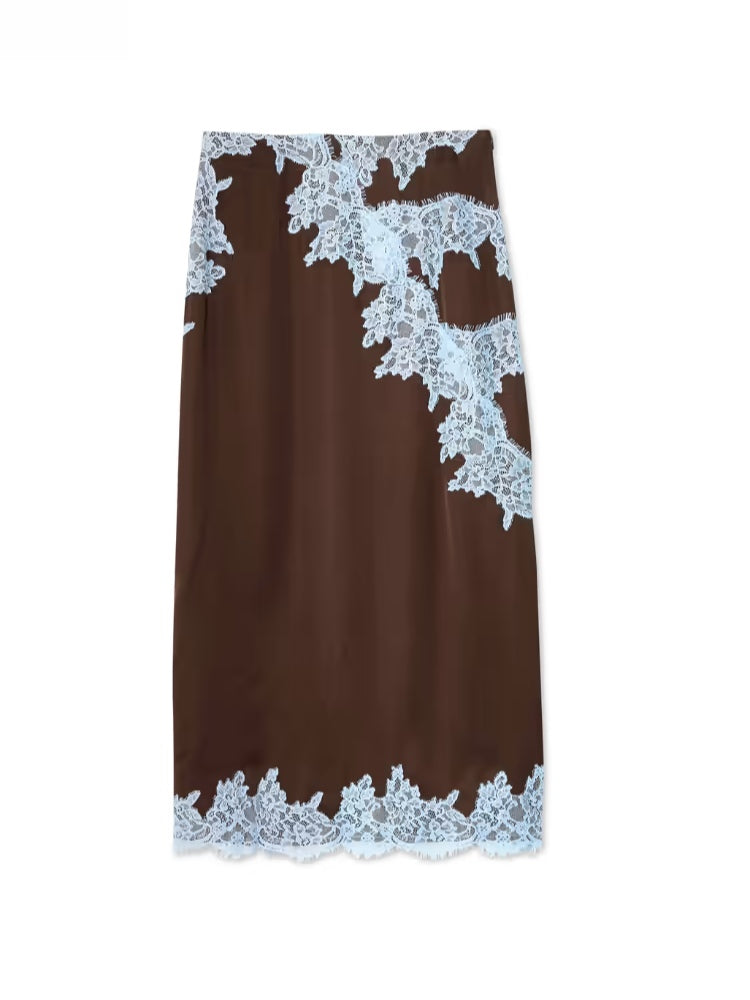Elegant Brown Satin Maxi Dress for Women with Halter Neck Lace Trim Flowing Style