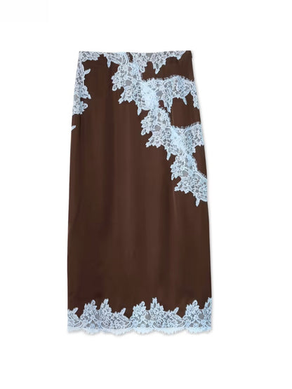 Elegant Brown Satin Maxi Dress for Women with Halter Neck Lace Trim Flowing Style