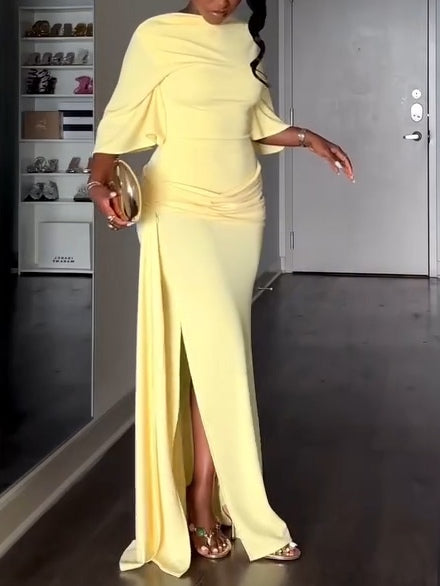 Elegant Yellow Maxi Dress for Women with High Neck Batwing Sleeve Open Back Ruched Slit Style