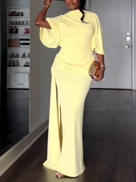 Elegant Yellow Maxi Dress for Women with High Neck Batwing Sleeve Open Back Ruched Slit Style
