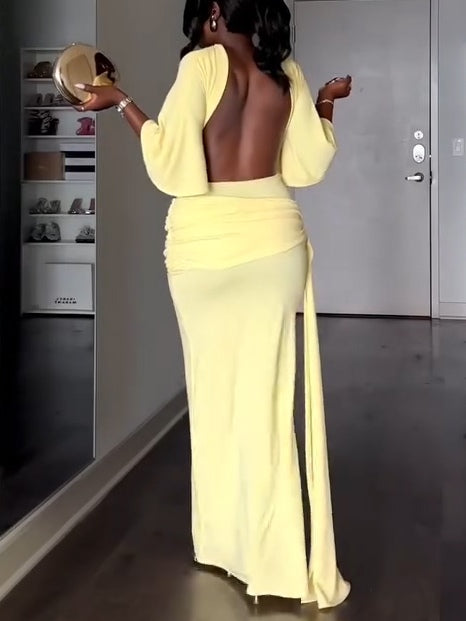 Elegant Yellow Maxi Dress for Women with High Neck Batwing Sleeve Open Back Ruched Slit Style