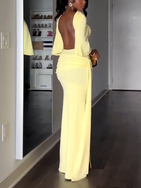Elegant Yellow Maxi Dress for Women with High Neck Batwing Sleeve Open Back Ruched Slit Style