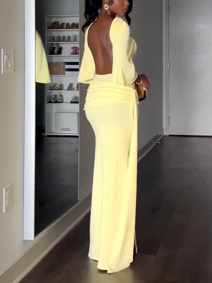 Elegant Yellow Maxi Dress for Women with High Neck Batwing Sleeve Open Back Ruched Slit Style