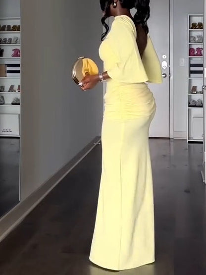 Elegant Yellow Maxi Dress for Women with High Neck Batwing Sleeve Open Back Ruched Slit Style