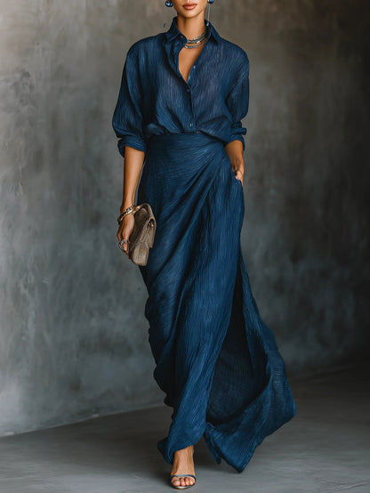 Elegant Dark Blue Textured Two Piece Set for Women with Collared Long Sleeve Wrap Maxi Skirt Formal Style
