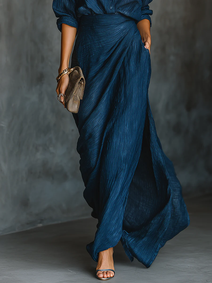 Elegant Dark Blue Textured Two Piece Set for Women with Collared Long Sleeve Wrap Maxi Skirt Formal Style