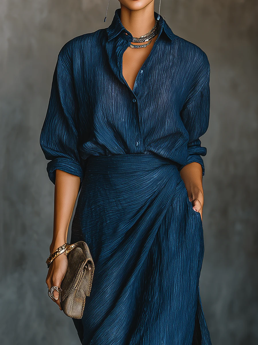 Elegant Dark Blue Textured Two Piece Set for Women with Collared Long Sleeve Wrap Maxi Skirt Formal Style
