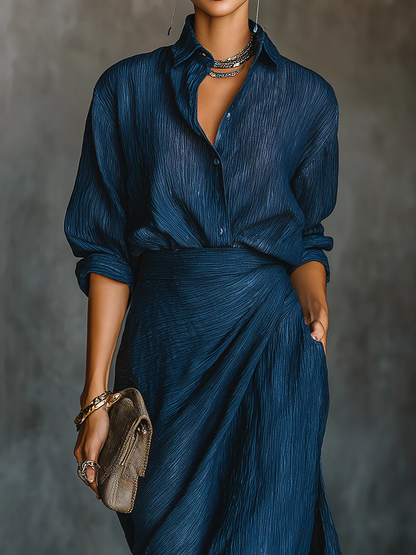 Elegant Dark Blue Textured Two Piece Set for Women with Collared Long Sleeve Wrap Maxi Skirt Formal Style