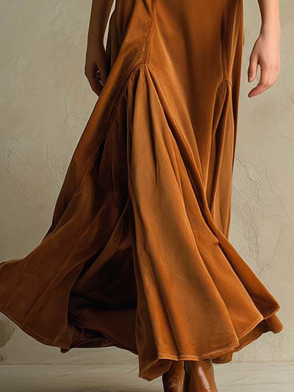Elegant Velvet Maxi Dress for Women with Notched Lapel V Neck Elbow Sleeve Button Front Flowing Style