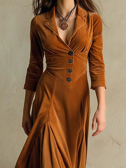 Elegant Velvet Maxi Dress for Women with Notched Lapel V Neck Elbow Sleeve Button Front Flowing Style