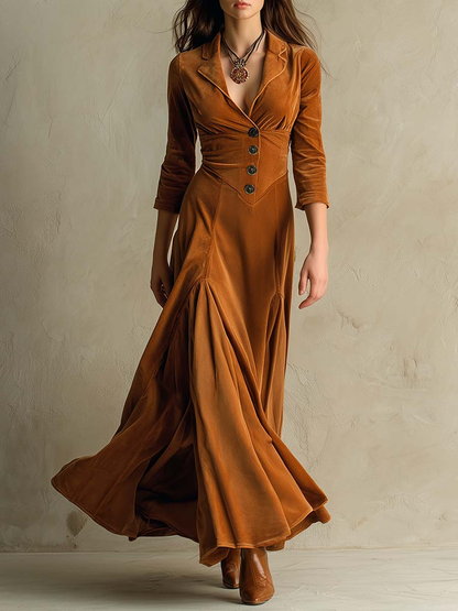 Elegant Velvet Maxi Dress for Women with Notched Lapel V Neck Elbow Sleeve Button Front Flowing Style