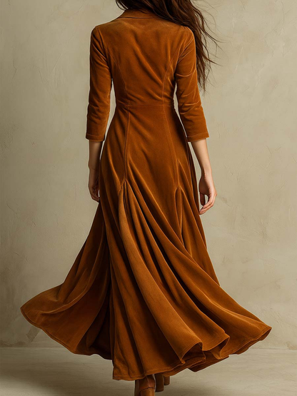 Elegant Velvet Maxi Dress for Women with Notched Lapel V Neck Elbow Sleeve Button Front Flowing Style