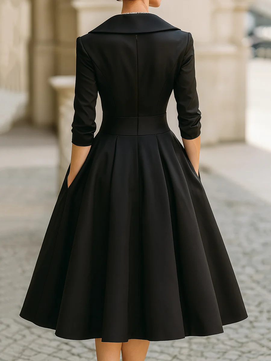 Elegant Satin Midi Dress for Women with Shawl Collar Elbow Sleeve Wrap Pleated Cocktail Style