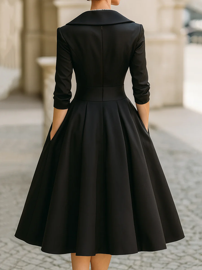 Elegant Satin Midi Dress for Women with Shawl Collar Elbow Sleeve Wrap Pleated Cocktail Style