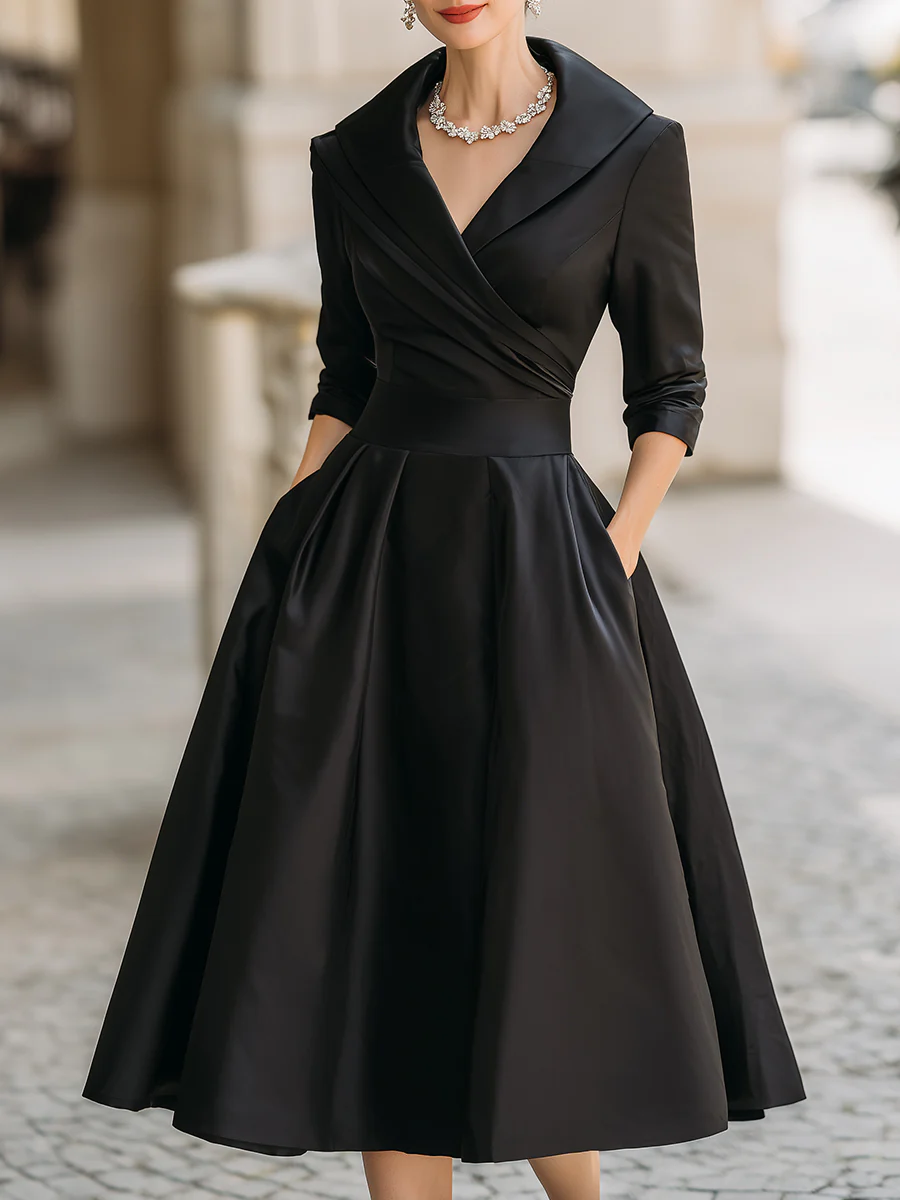Elegant Satin Midi Dress for Women with Shawl Collar Elbow Sleeve Wrap Pleated Cocktail Style