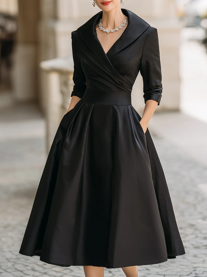 Elegant Satin Midi Dress for Women with Shawl Collar Elbow Sleeve Wrap Pleated Cocktail Style