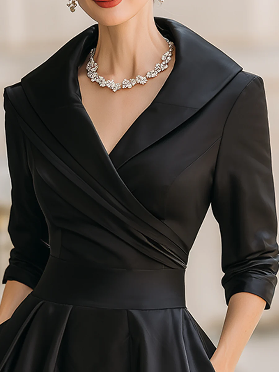 Elegant Satin Midi Dress for Women with Shawl Collar Elbow Sleeve Wrap Pleated Cocktail Style