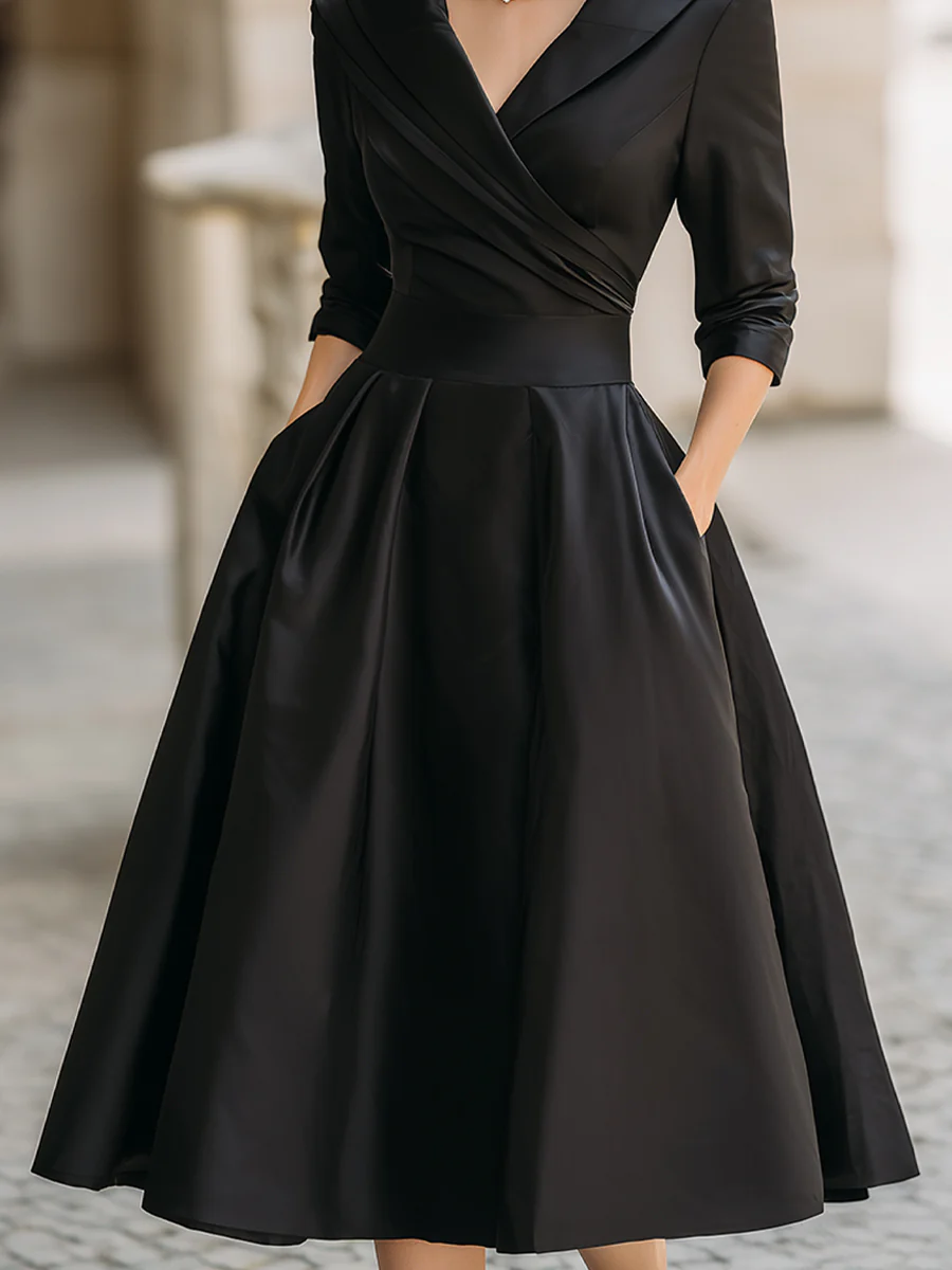 Elegant Satin Midi Dress for Women with Shawl Collar Elbow Sleeve Wrap Pleated Cocktail Style