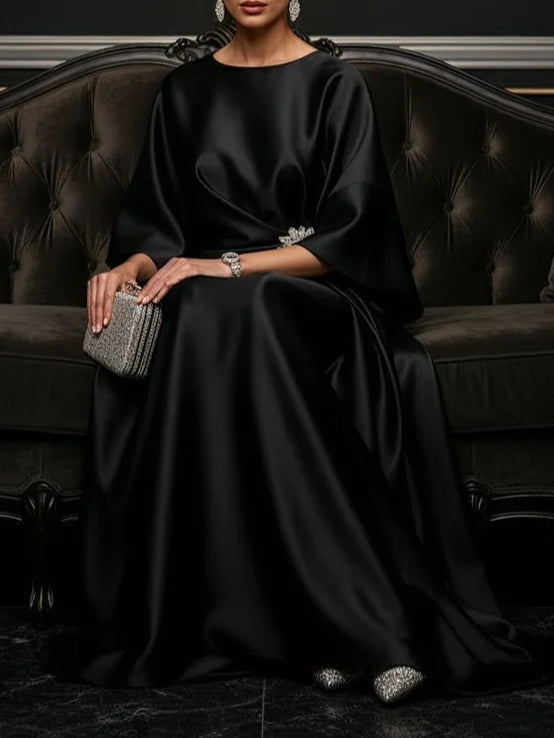 Elegant Satin Maxi Dress for Women with Round Neck Bell Sleeve Draped Embellished Flowing Style