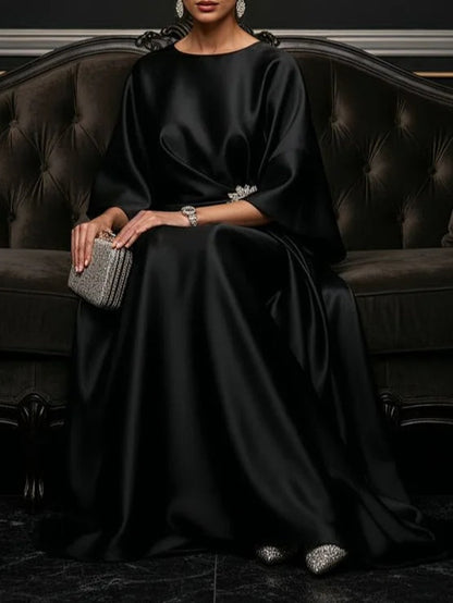 Elegant Satin Maxi Dress for Women with Round Neck Bell Sleeve Draped Embellished Flowing Style