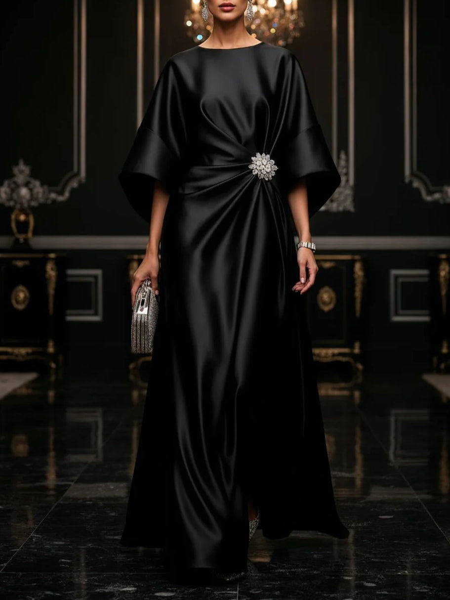 Elegant Satin Maxi Dress for Women with Round Neck Bell Sleeve Draped Embellished Flowing Style