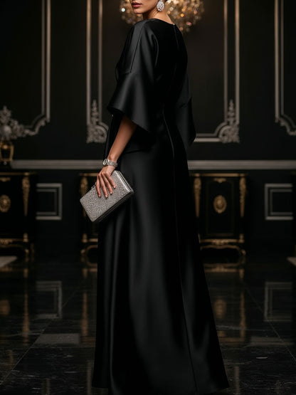 Elegant Satin Maxi Dress for Women with Round Neck Bell Sleeve Draped Embellished Flowing Style