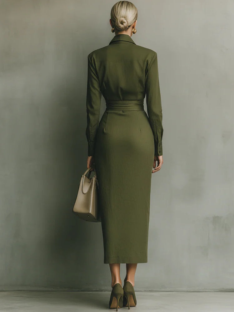 Elegant Army Green Wrap Maxi Dress for Women with Collar Long Sleeve Ruched Waist Flowing Style