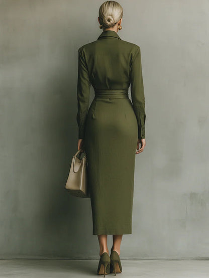 Elegant Army Green Wrap Maxi Dress for Women with Collar Long Sleeve Ruched Waist Flowing Style