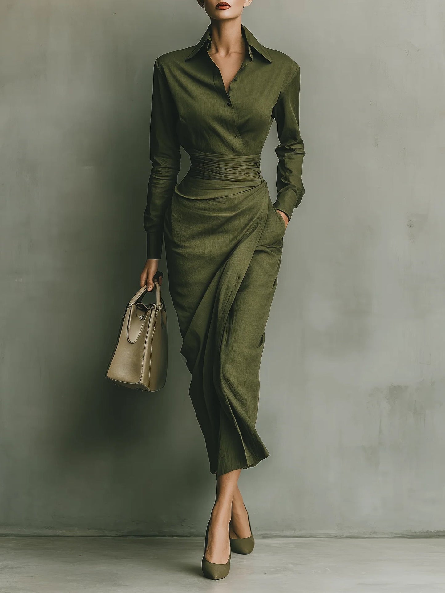 Elegant Army Green Wrap Maxi Dress for Women with Collar Long Sleeve Ruched Waist Flowing Style
