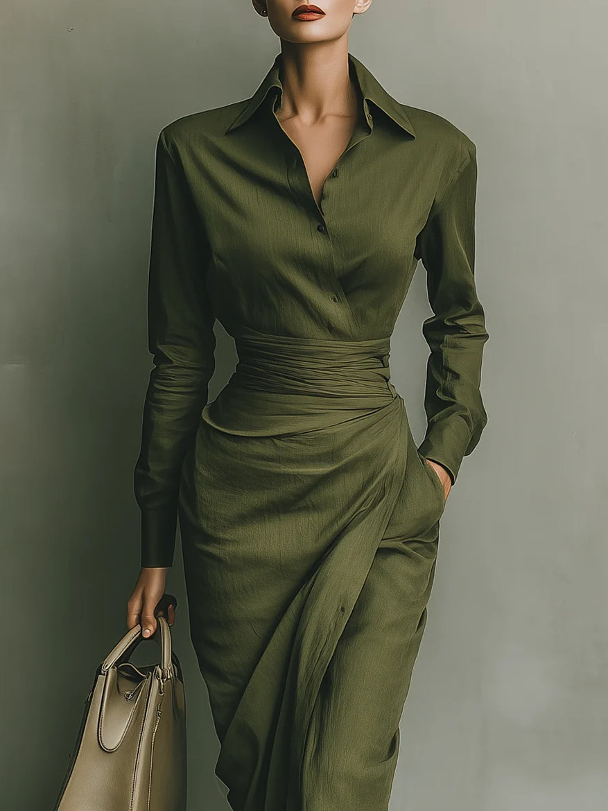 Elegant Army Green Wrap Maxi Dress for Women with Collar Long Sleeve Ruched Waist Flowing Style