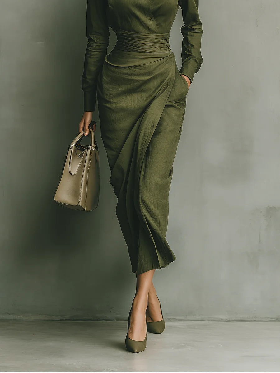 Elegant Army Green Wrap Maxi Dress for Women with Collar Long Sleeve Ruched Waist Flowing Style