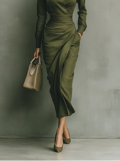 Elegant Army Green Wrap Maxi Dress for Women with Collar Long Sleeve Ruched Waist Flowing Style