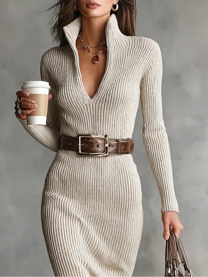 Elegant Beige Ribbed Knit Midi Dress for Women with V Neck Long Sleeve Bodycon Sweater Style