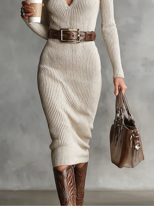 Elegant Beige Ribbed Knit Midi Dress for Women with V Neck Long Sleeve Bodycon Sweater Style