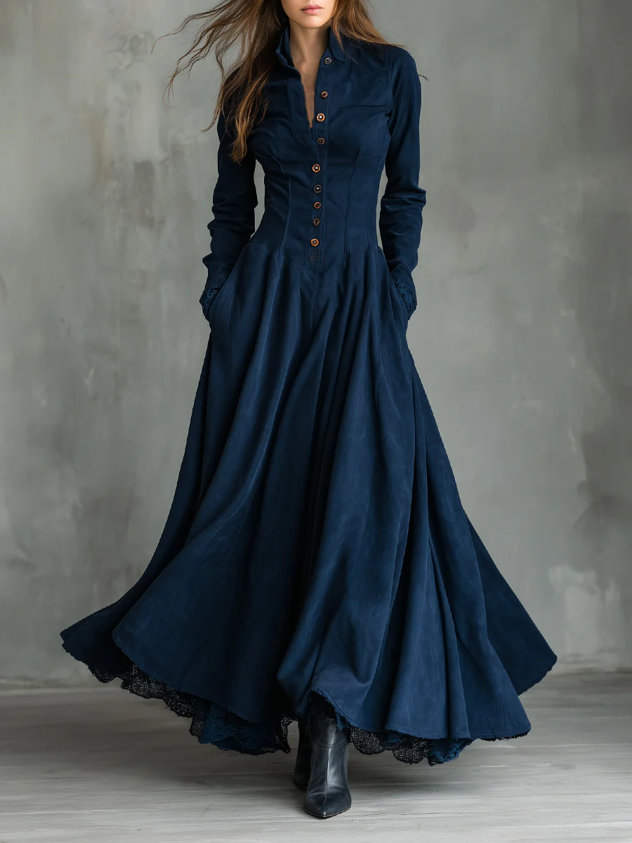 Elegant Dark Blue Corduroy Maxi Dress for Women with Stand Collar Long Sleeve Button Front Flowing Victorian Style