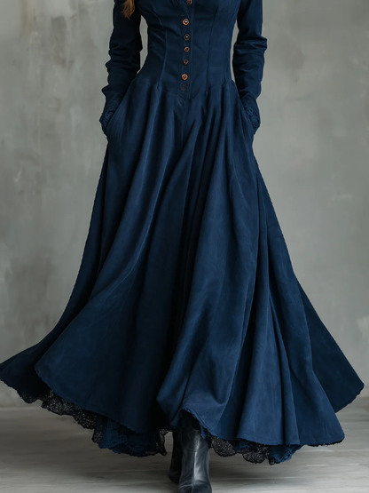 Elegant Dark Blue Corduroy Maxi Dress for Women with Stand Collar Long Sleeve Button Front Flowing Victorian Style