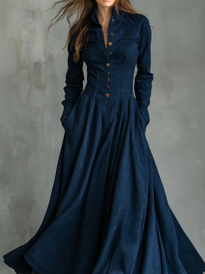 Elegant Dark Blue Corduroy Maxi Dress for Women with Stand Collar Long Sleeve Button Front Flowing Victorian Style