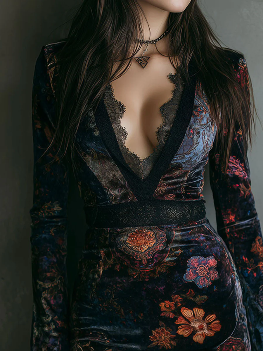 Elegant Multicolor Floral Velvet Mini Dress for Women with Deep V Neck Bell Sleeve Lace Trim Bodycon Boho Style