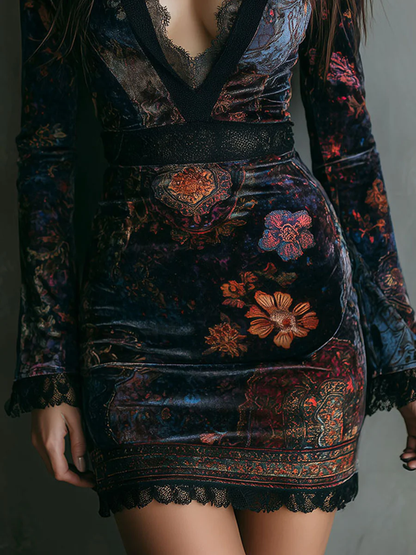 Elegant Multicolor Floral Velvet Mini Dress for Women with Deep V Neck Bell Sleeve Lace Trim Bodycon Boho Style