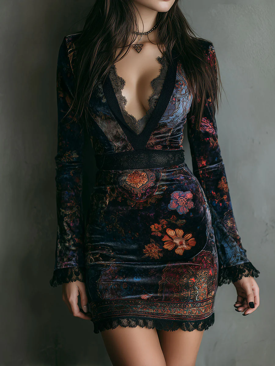 Elegant Multicolor Floral Velvet Mini Dress for Women with Deep V Neck Bell Sleeve Lace Trim Bodycon Boho Style