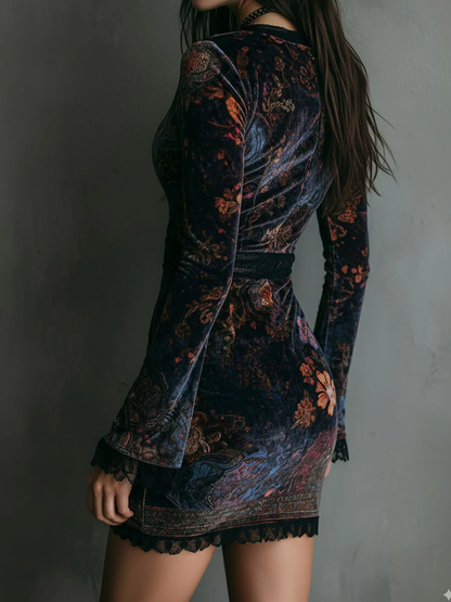 Elegant Multicolor Floral Velvet Mini Dress for Women with Deep V Neck Bell Sleeve Lace Trim Bodycon Boho Style