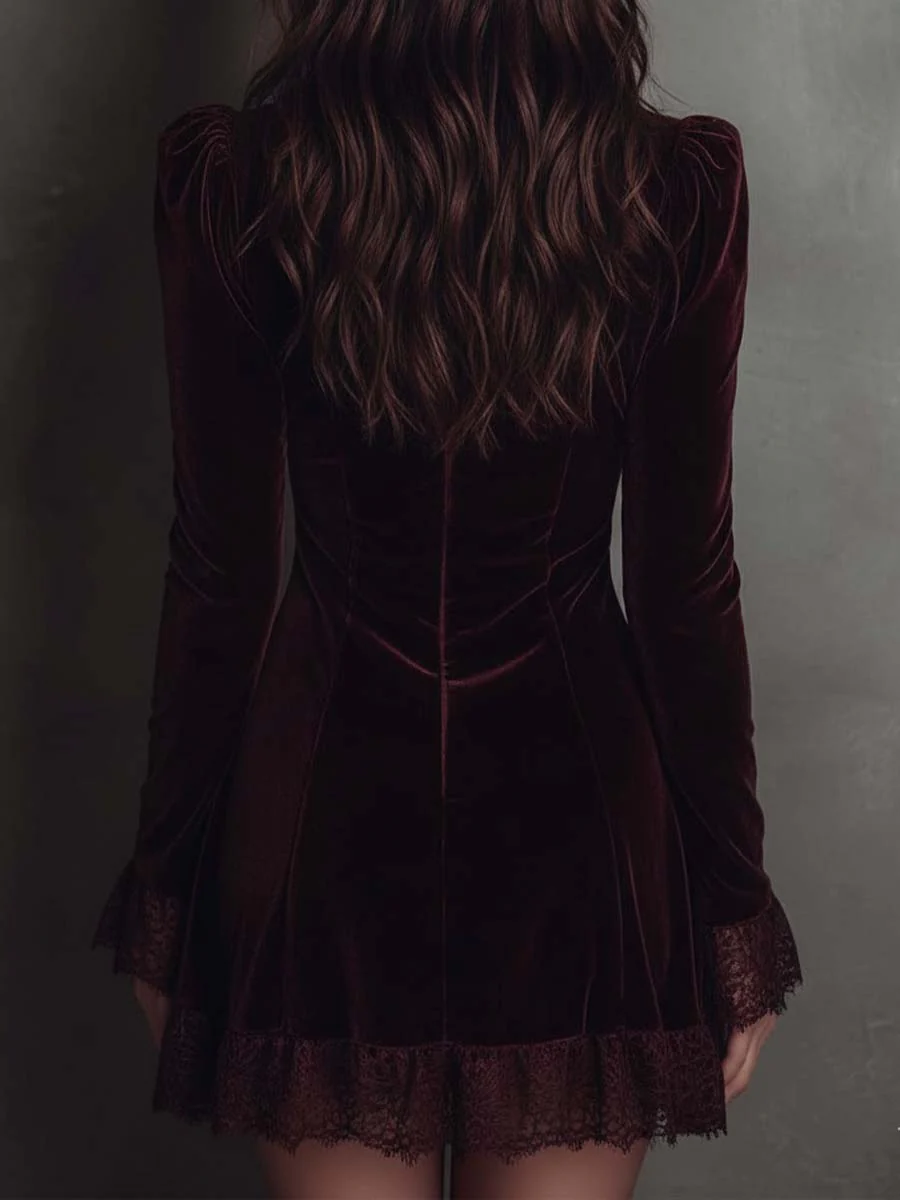 Elegant Burgundy Velvet Mini Dress for Women with V Neck Long Sleeve Lace Trim Ruffle Hem Cocktail Style