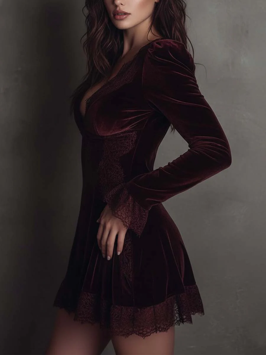 Elegant Burgundy Velvet Mini Dress for Women with V Neck Long Sleeve Lace Trim Ruffle Hem Cocktail Style