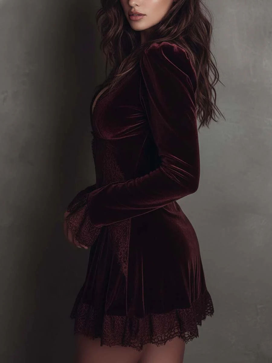 Elegant Burgundy Velvet Mini Dress for Women with V Neck Long Sleeve Lace Trim Ruffle Hem Cocktail Style