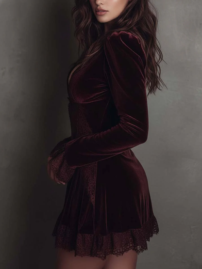 Elegant Burgundy Velvet Mini Dress for Women with V Neck Long Sleeve Lace Trim Ruffle Hem Cocktail Style