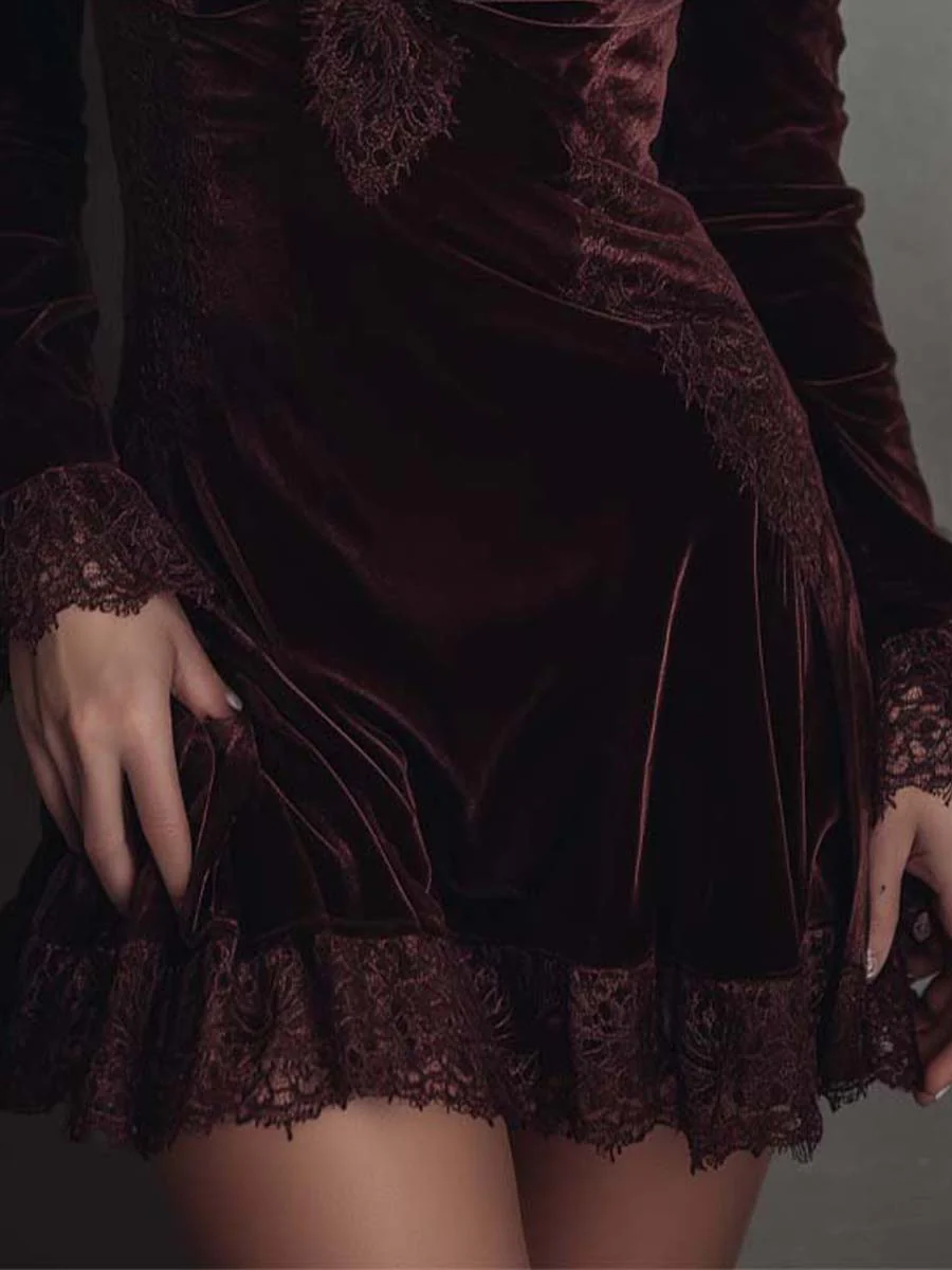 Elegant Burgundy Velvet Mini Dress for Women with V Neck Long Sleeve Lace Trim Ruffle Hem Cocktail Style