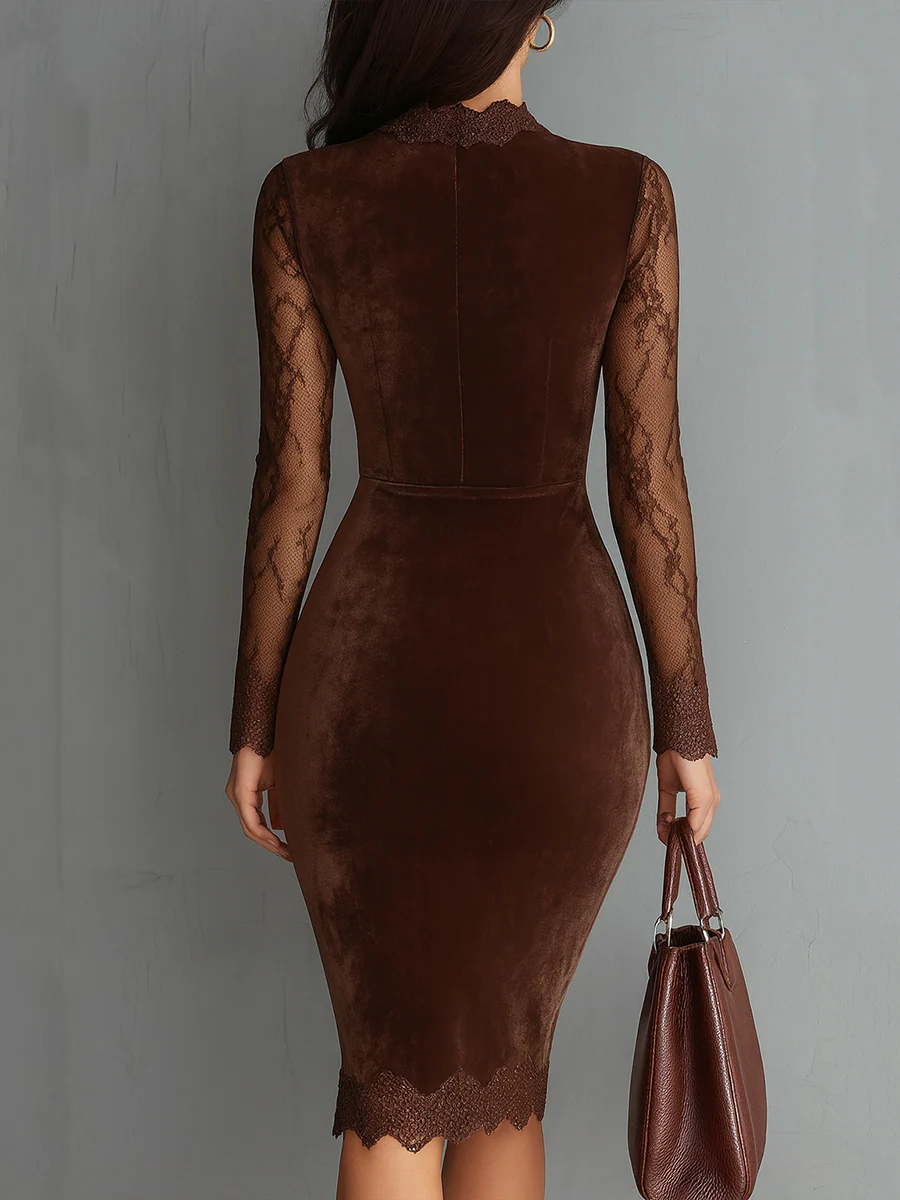 Elegant Brown Velvet Midi Dress for Women with High Neck Lace Long Sleeve Ruched Bodycon Cocktail Style